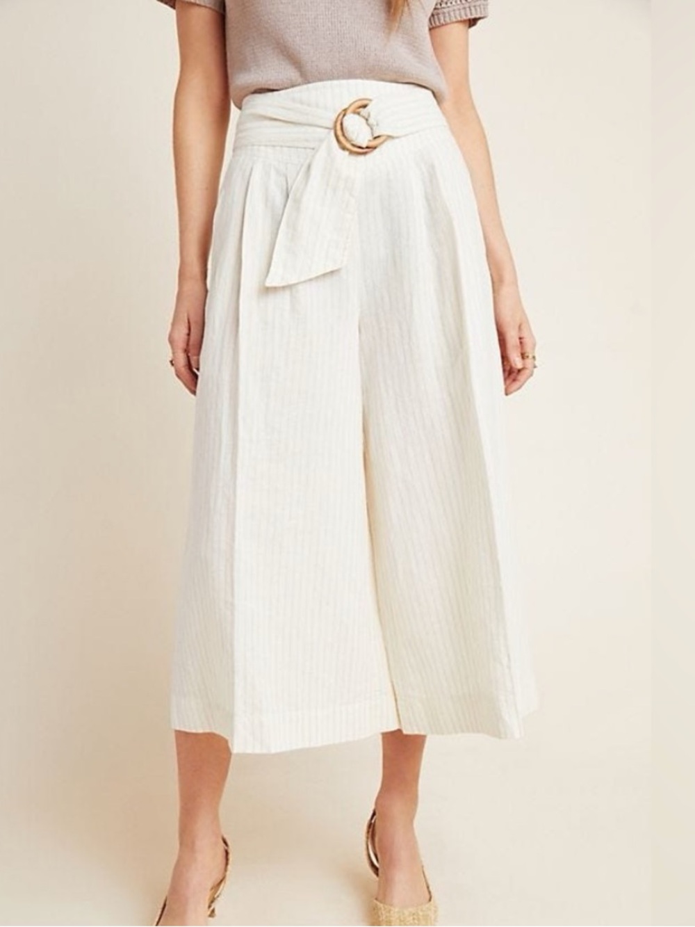 Anthropologie Palm Beach Belted Pinstripe Wide Leg Coulotte Pants Cream